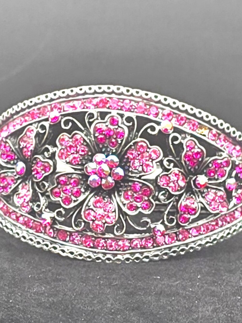 Vintage Silver Tone Hinged Clamper Bracelet With Sparkly Pink Rhinestones